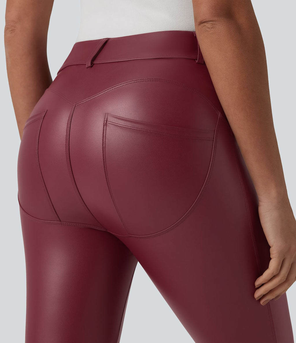 Legging 7/8 casual taille haute extensible en simili cuir avec poches