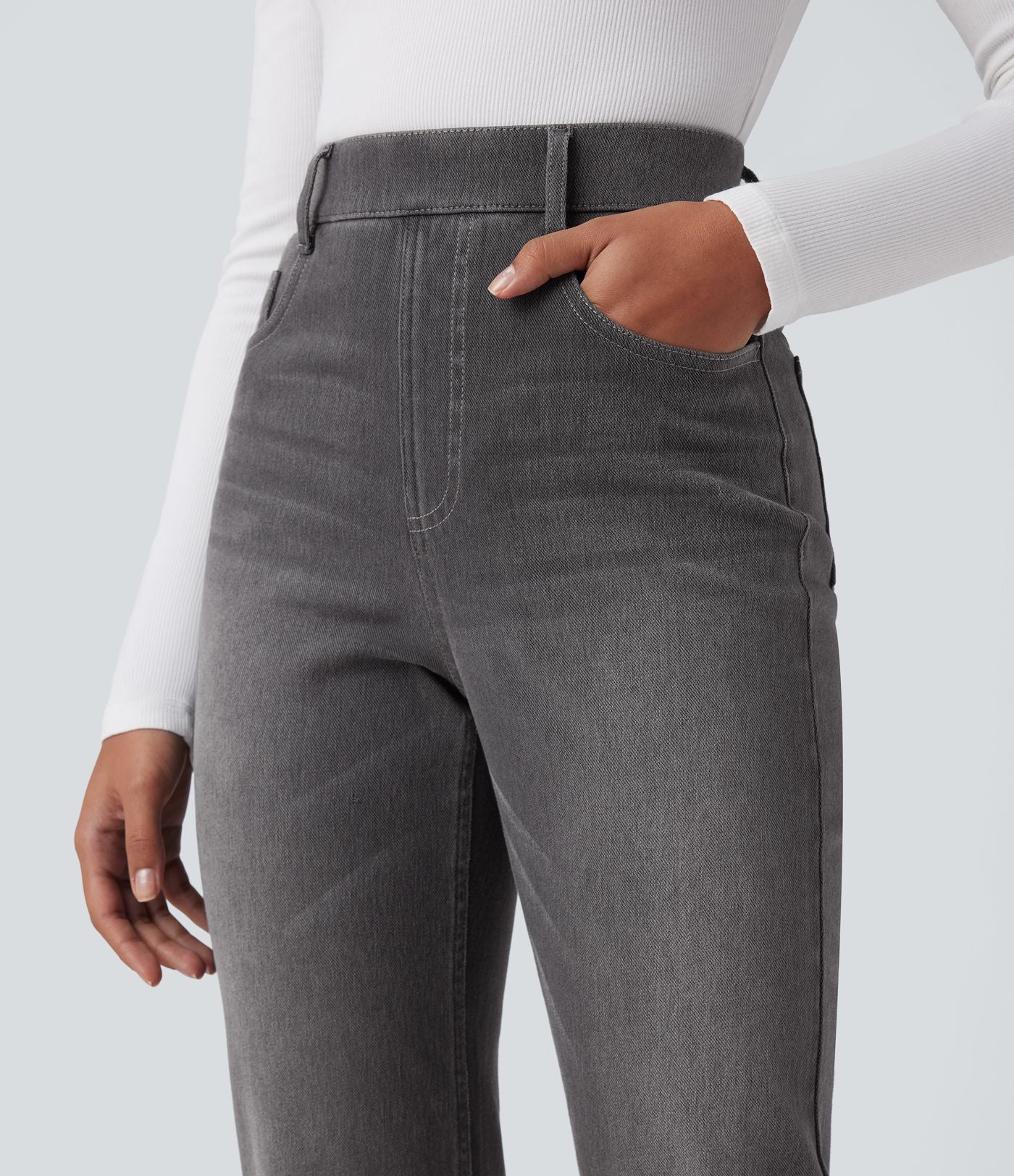 Halara Flex™ Jean casual délavé jambe droite taille haute gainant avec poches
