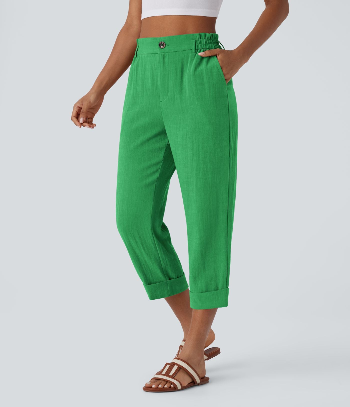 Pantalon capri effet lin taille haute avec poches zippées