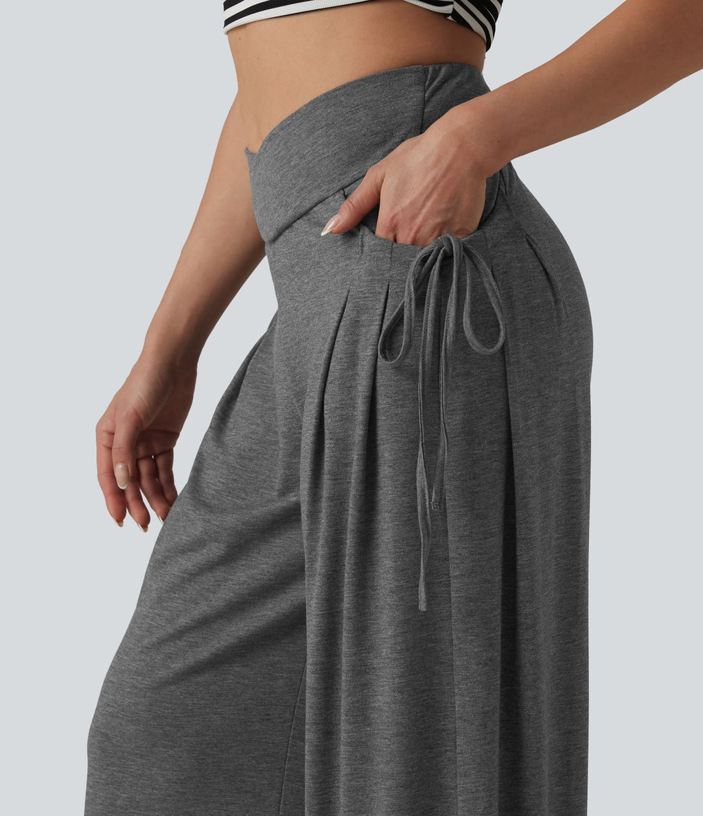 Pantalon casual large ample chiné taille haute croisé à lacets avec poches