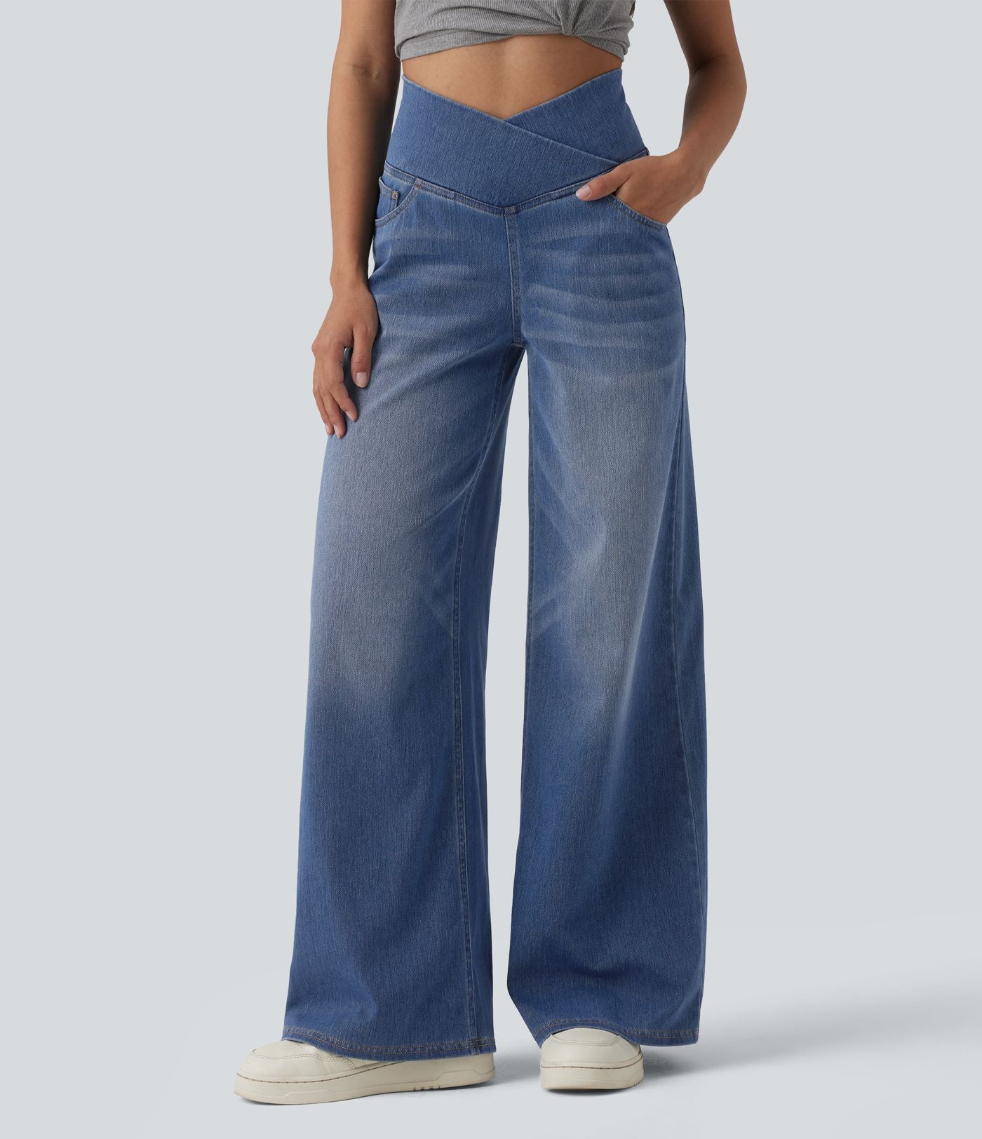 Halara Flex™ Jean large casual taille haute croisée ventre plat, avec poches