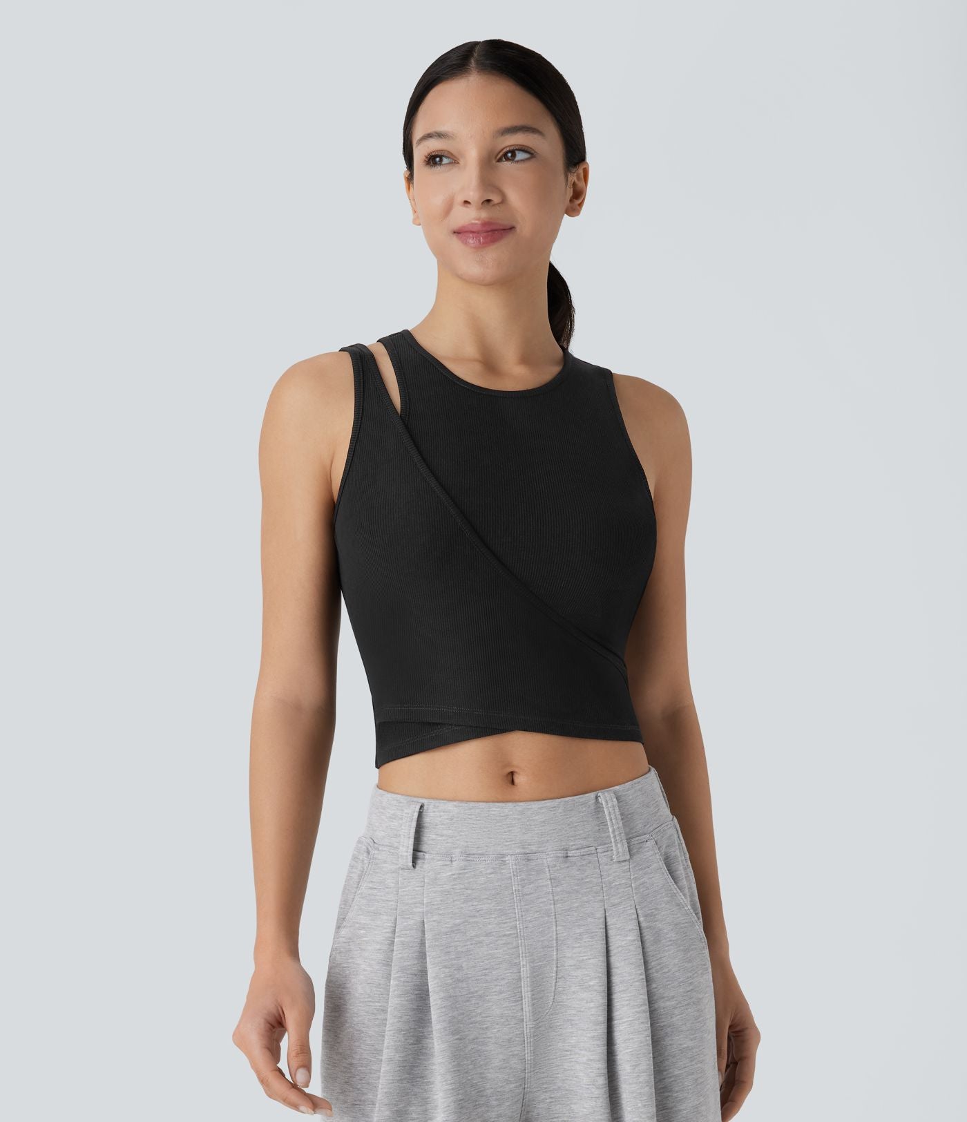 Débardeur de yoga crop top côtelé extensible respectueux de la peau