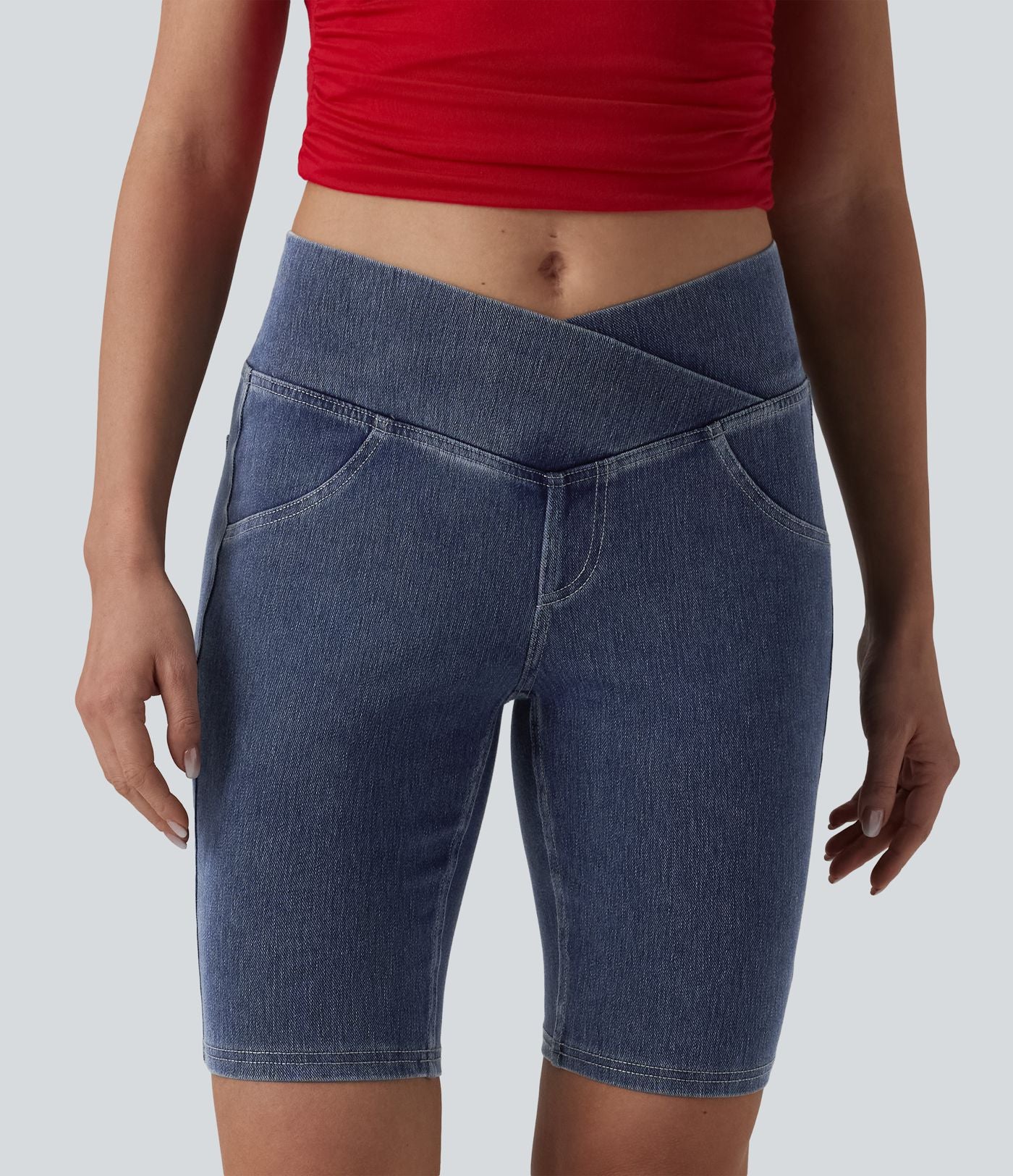 Short denim skinny décontracté Halara Flex™ croisé taille mi-haute 23 cm avec poches