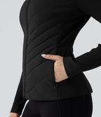 Veste matelassée décontractée à col montant et coupe ajustée, côtelée et contrastée, avec poches