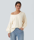 Pull casual col V épaules tombantes manches longues avec fentes