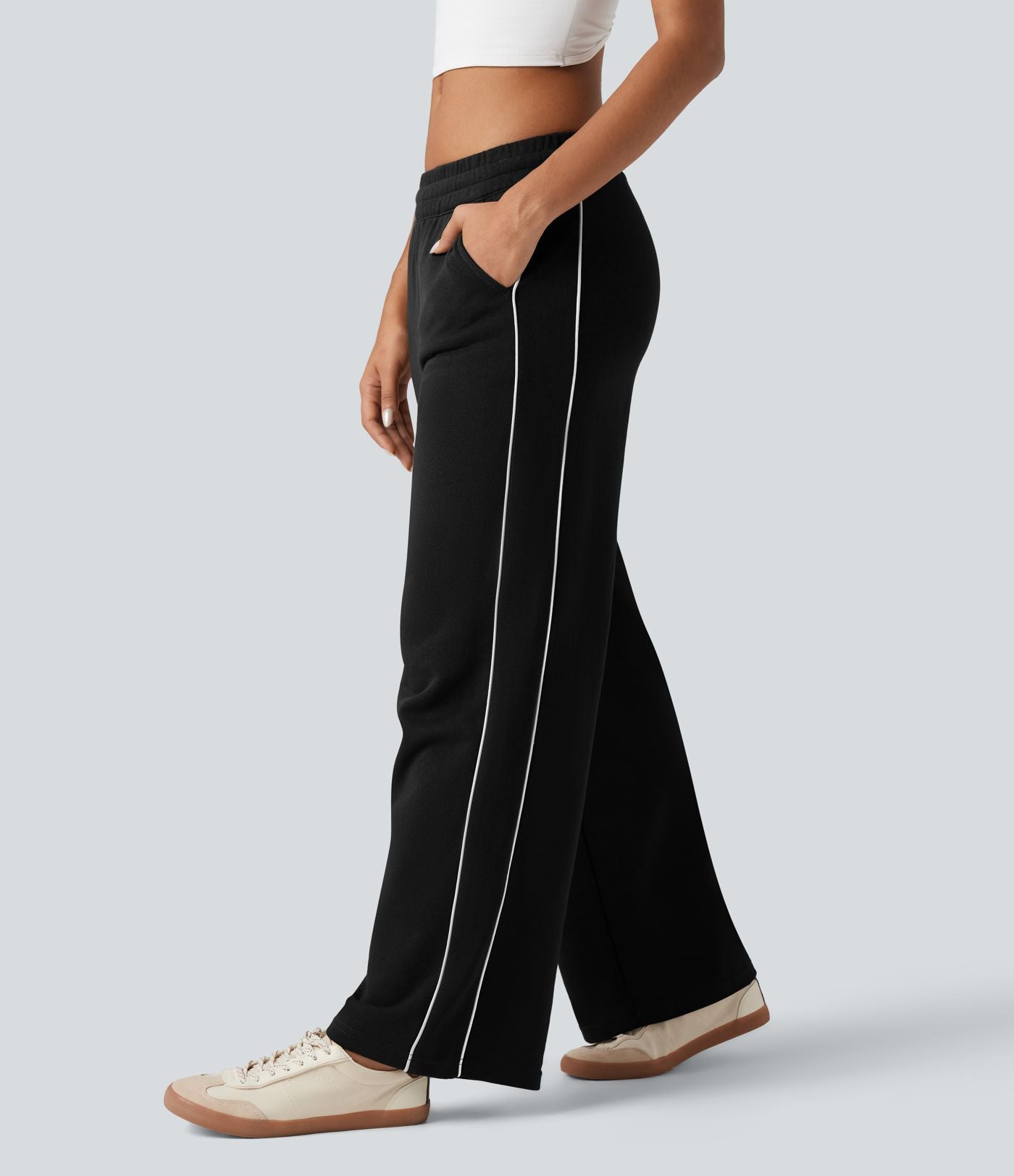 Pantalon jogging coton coupe droite taille mi-haute color block avec cordon de serrage et poches