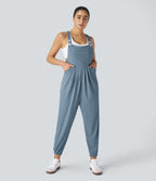 Salopette Casual Bretelles Ajustables Boutonnés Multiples Poches Plis et Tissu Gaufré