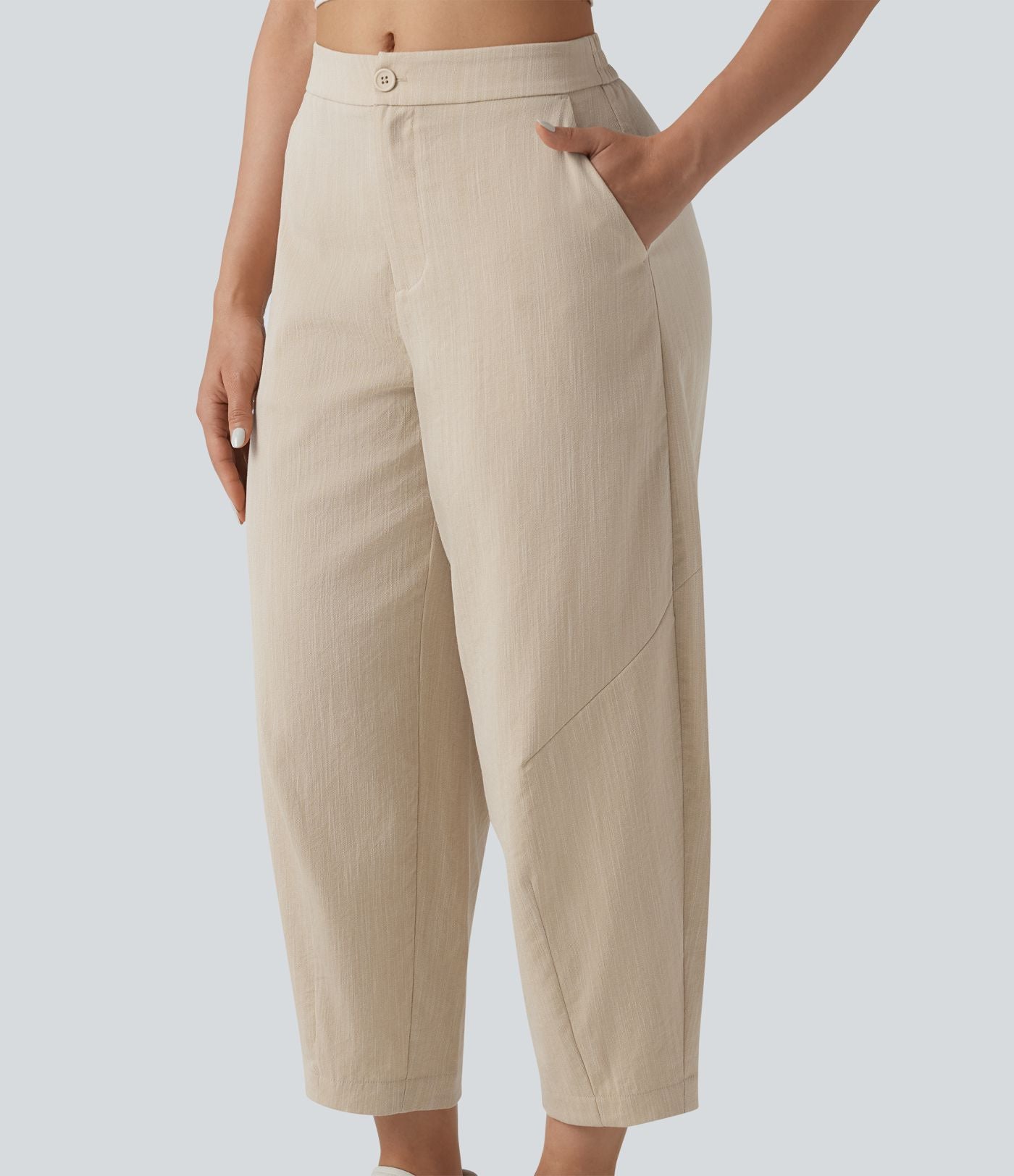 Pantalon casual taille mi-haute coupe tonneau aspect lin, avec poches