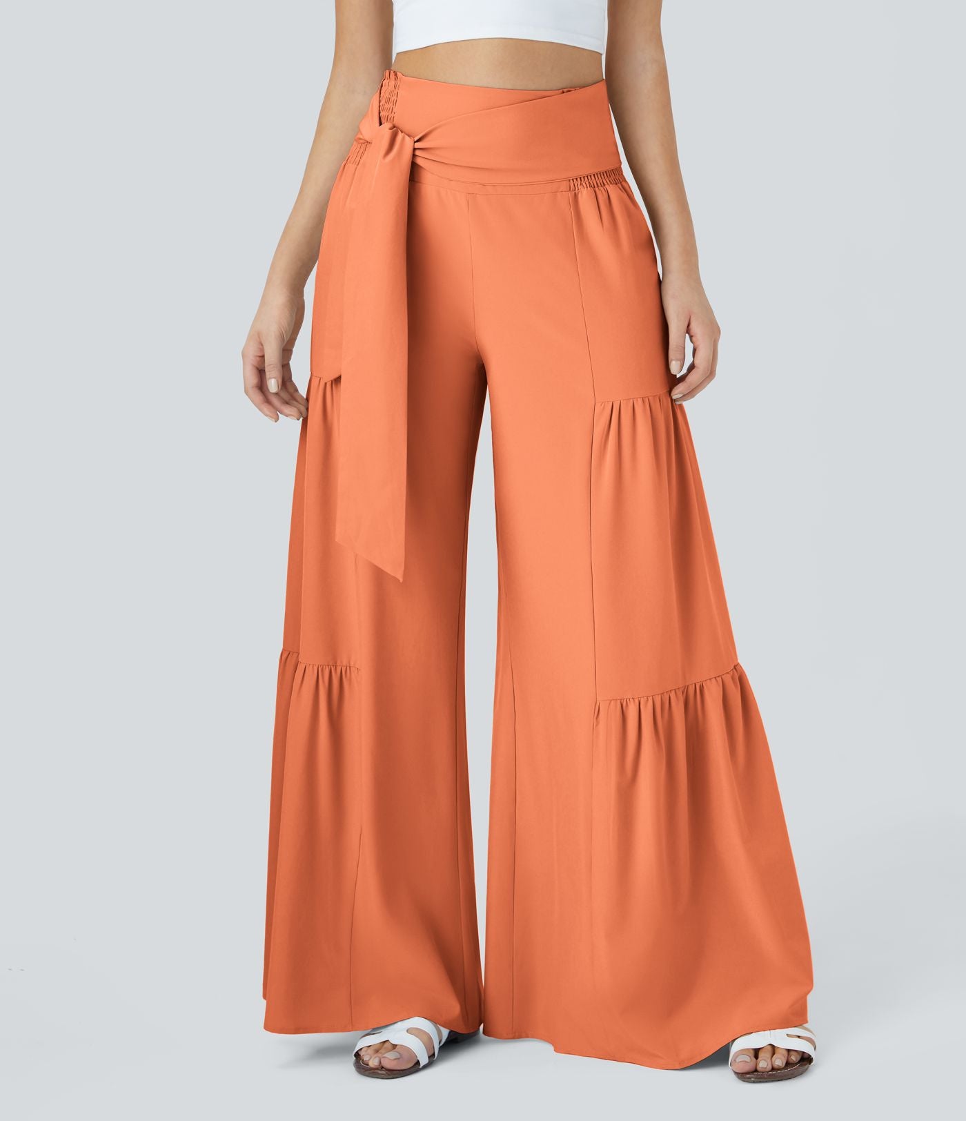 Breezeful™ Pantalon Large Casual Taille Haute Froncé à Nouer Devant et Dos Fluide Séchage Rapide