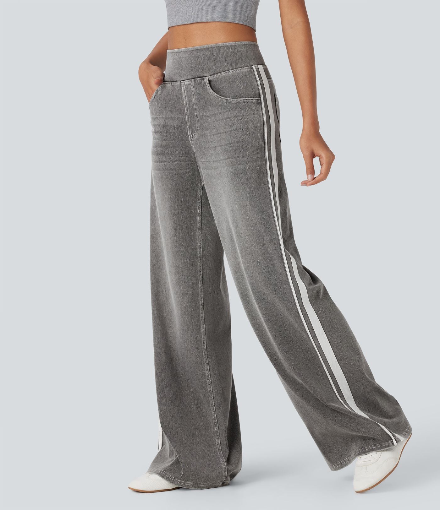 Halara Flex™ Jean large fluide délavé taille haute à rayures avec poches