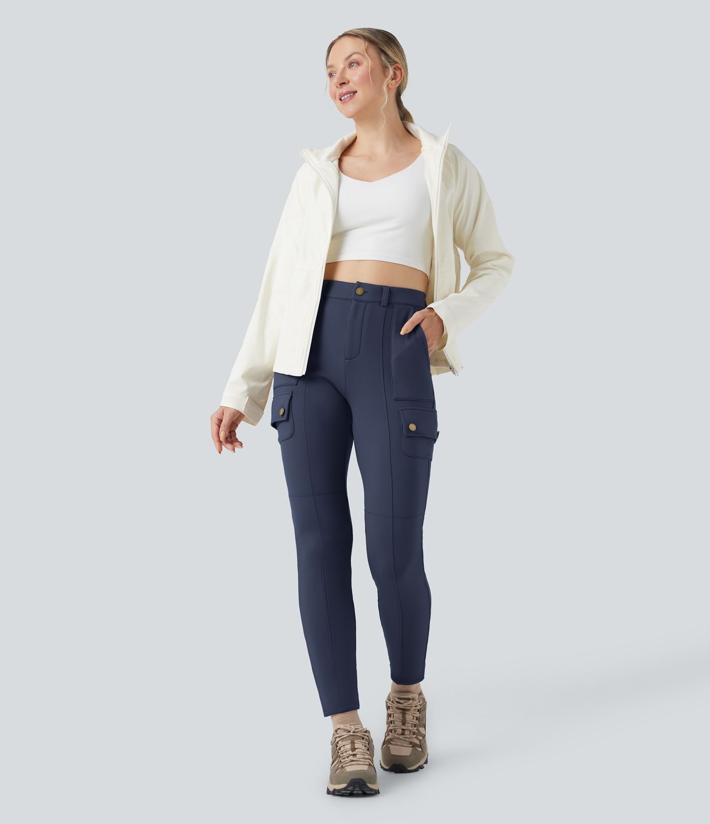 Pantalon cargo de randonnée ajusté polaire taille haute avec poches
