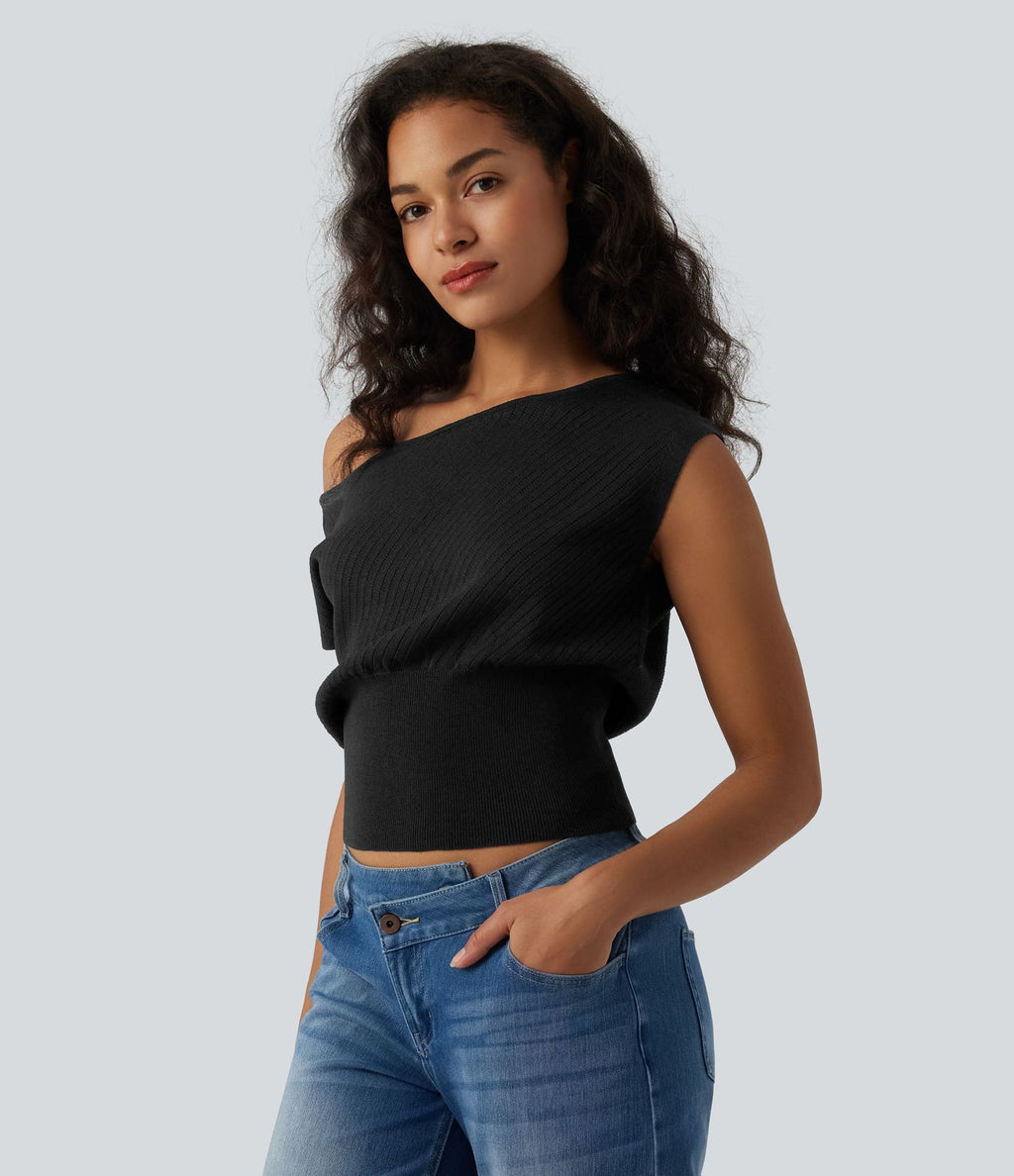 Pull casual asymétrique à épaule dénudée et manches courtes