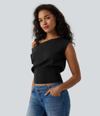Pull casual asymétrique à épaule dénudée et manches courtes