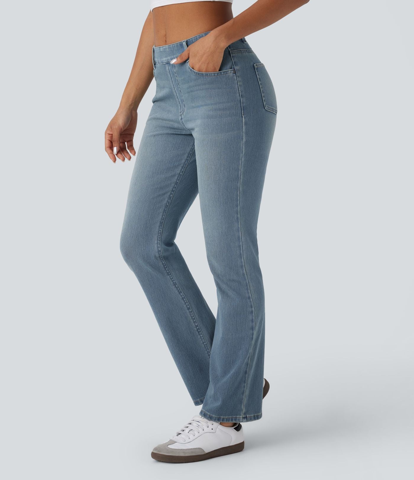 Halara Flex™ Jeans bootcut Casual Taille Haute Multiples Poches Lavés Élastiques et Tricotés Coupe