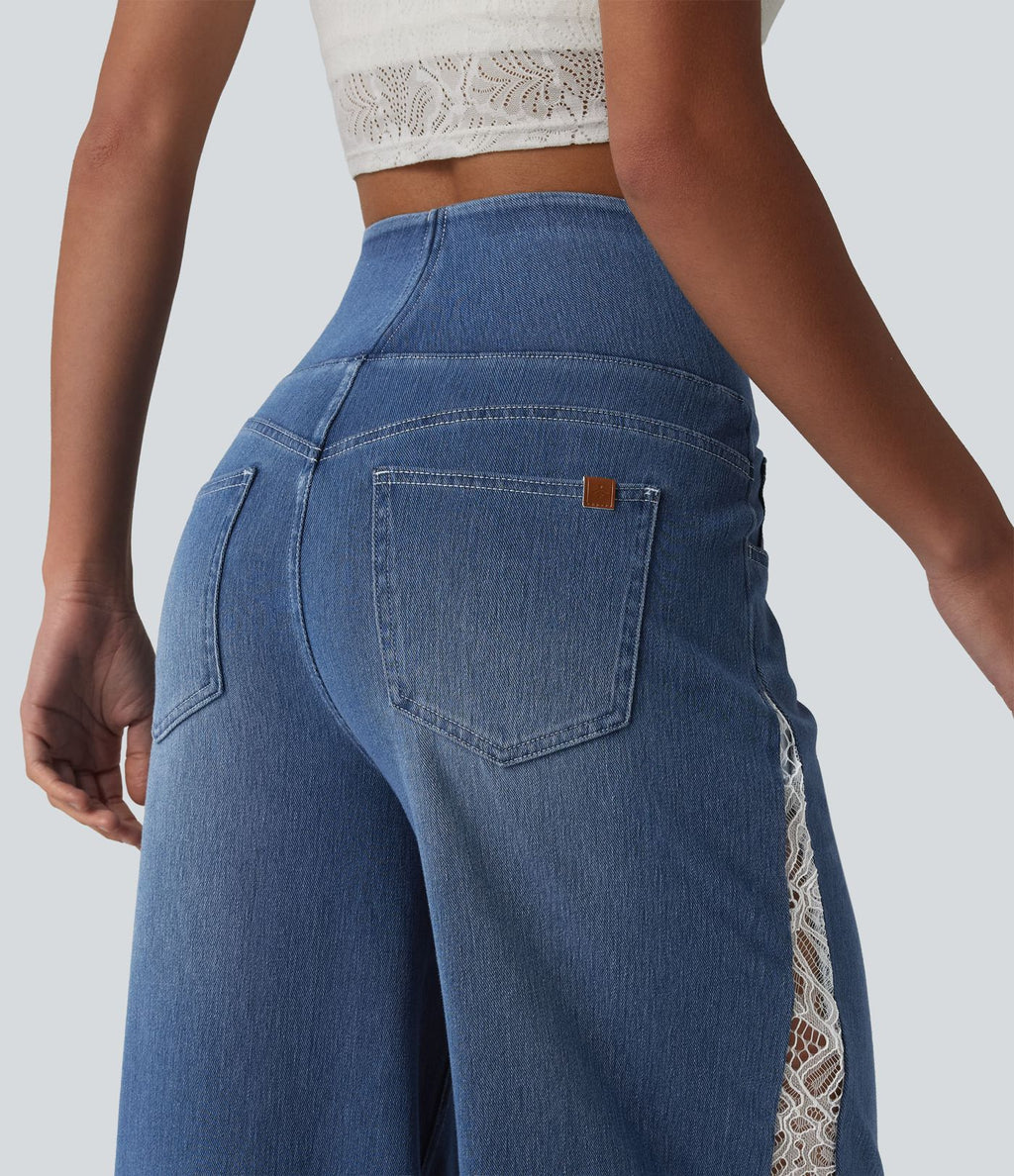 Jean large Halara Flex™ décontracté taille haute avec poches et dentelle contrastée