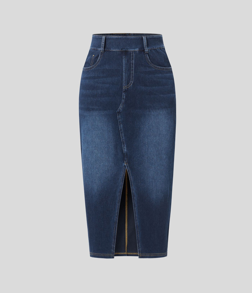 Halara Flex™ Jupe en Jean Casual Mi-Longue Délavé Extensible Plusieurs Poches Taille Haute