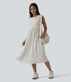 Robe midi fluide décontractée maille côtelée mélange lin col rond sans manches