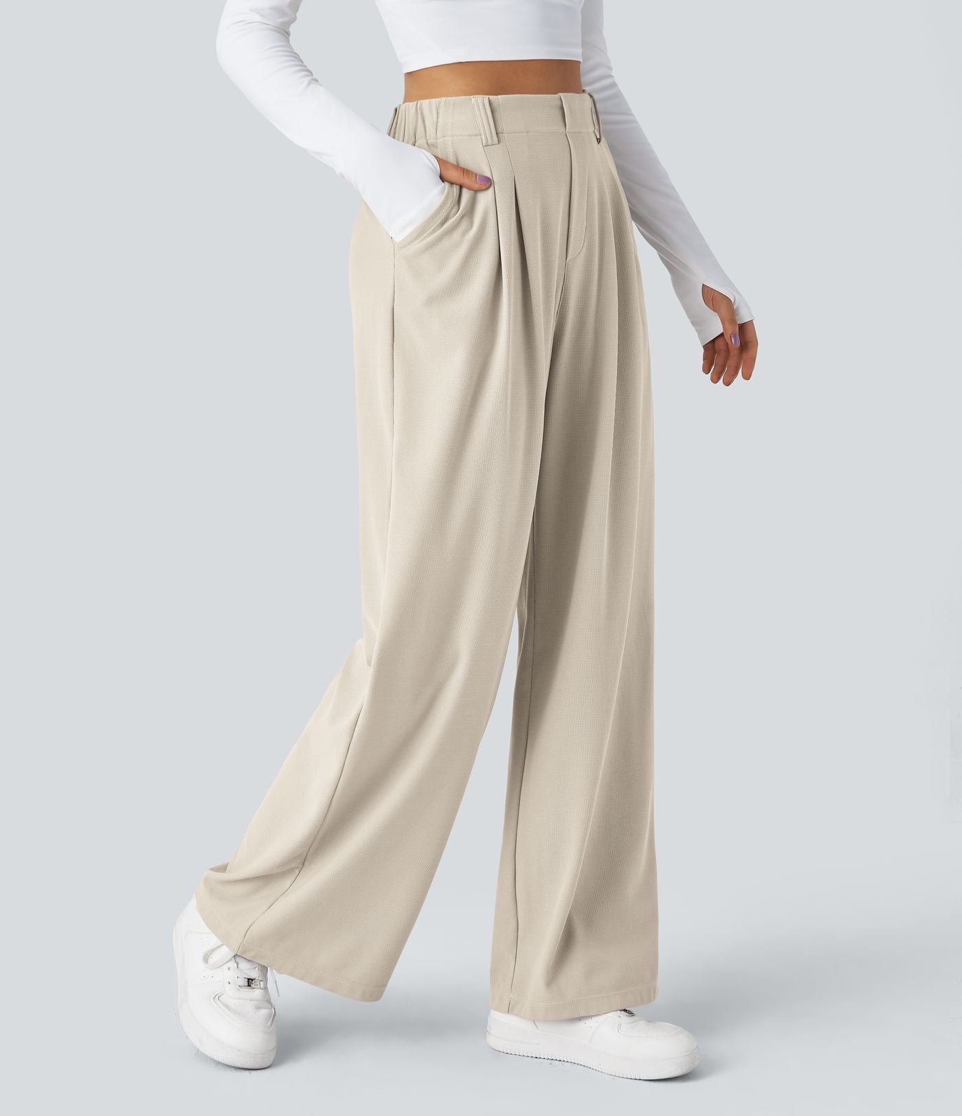 Pantalon Tailleur Large Fluide Halara Flex™ Gaufré Taille Haute Poches Latérales