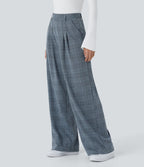 Pantalon taille haute décontracté large à carreaux, avec poches
