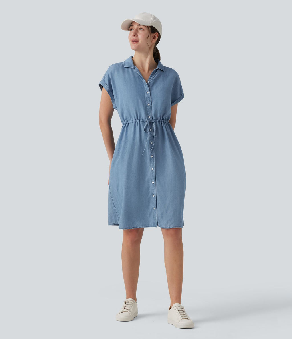 Robe-chemise casual denim en lyocell drapé à col, cordon de serrage, braguette boutonnée et poches