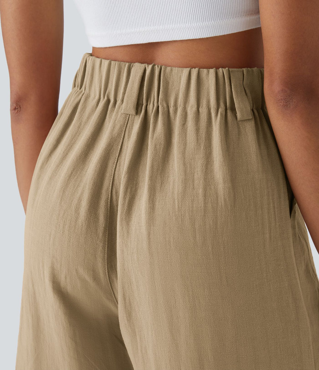 Bermuda Large Fluide Taille Haute avec Plis et Poches Latérales en Lin Synthétique