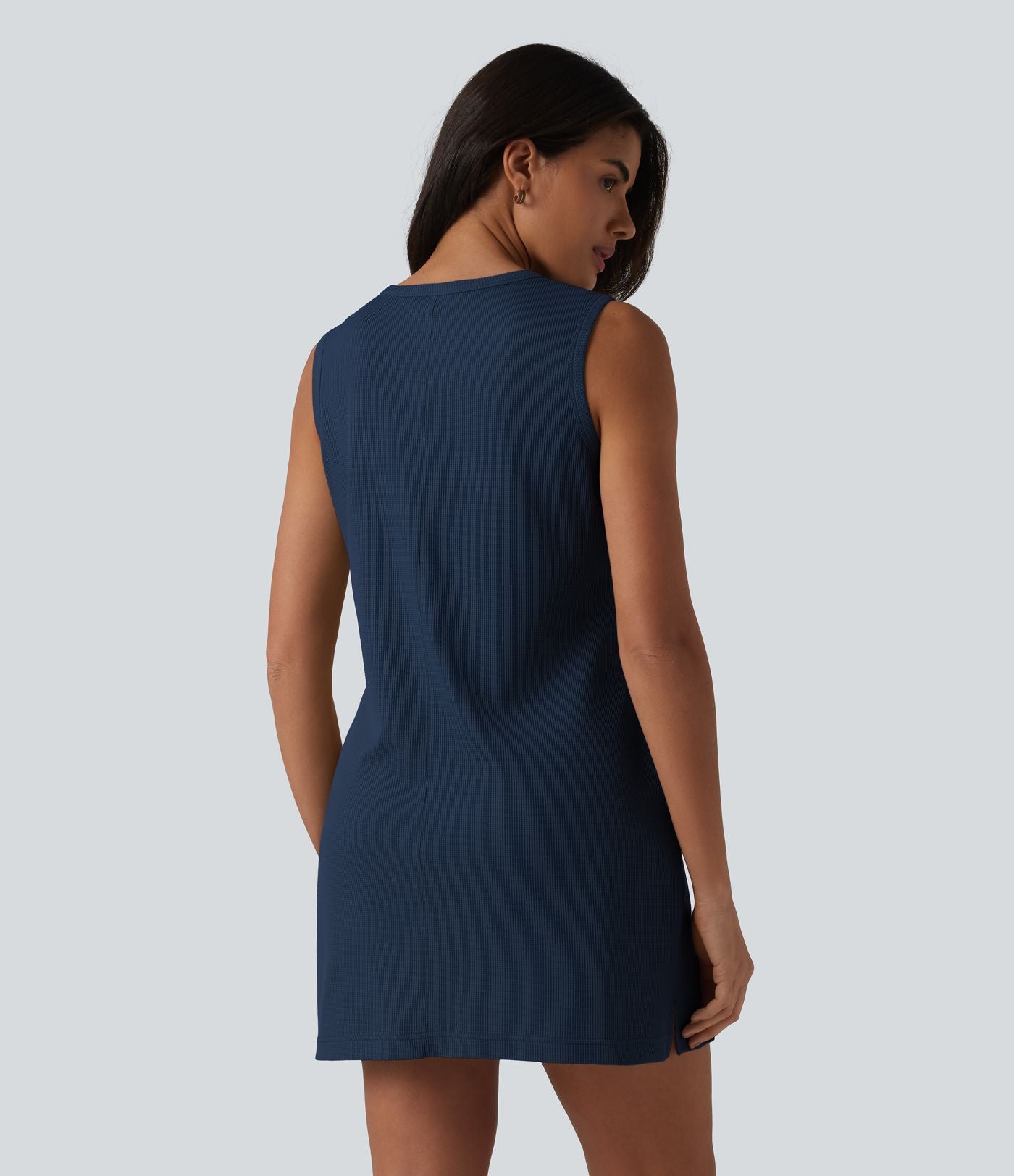 Robe mini gaufrée en coton col rond sans manches avec poches