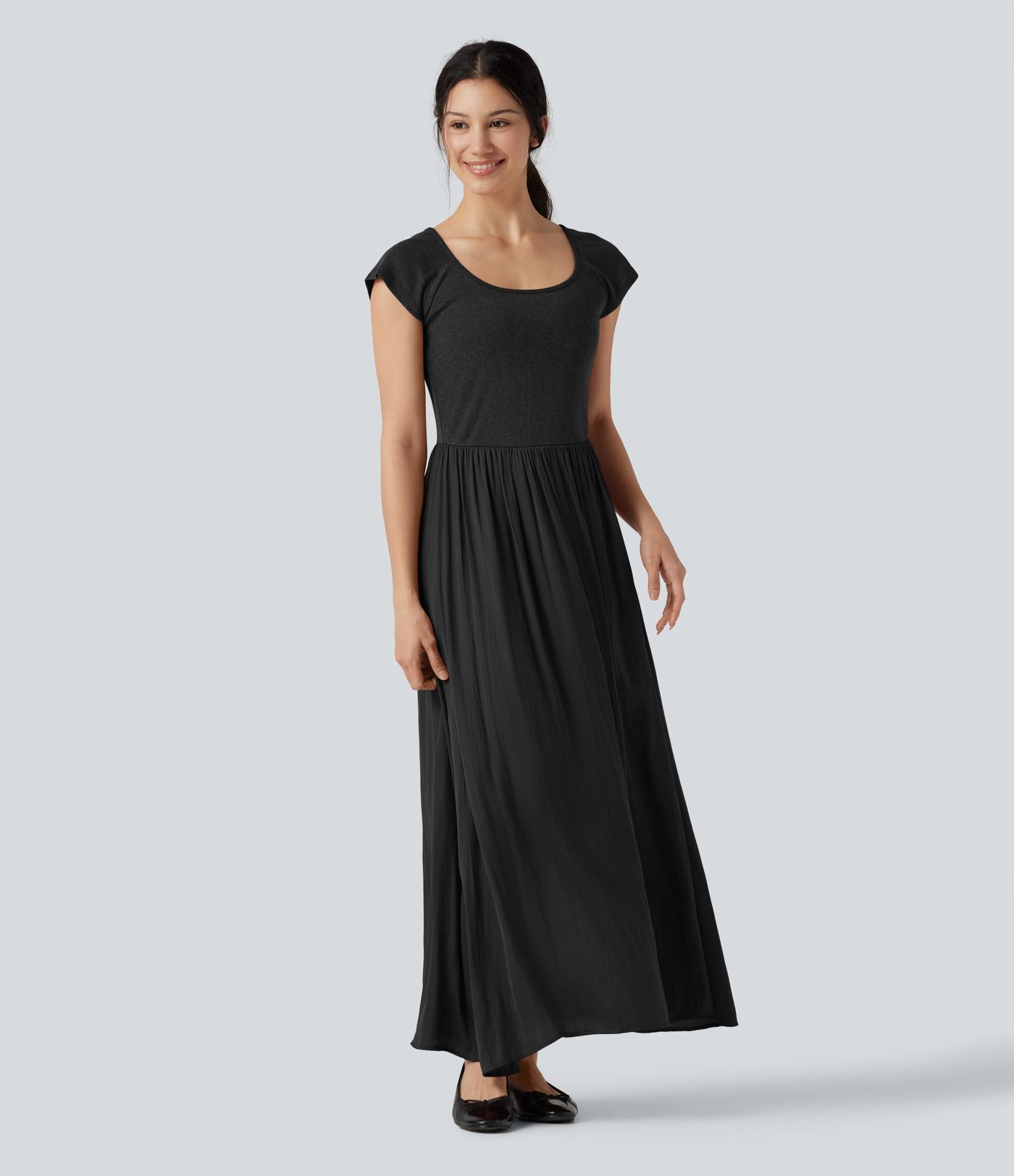 Robe maxi casual fluide col U manches courtes