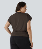 Blouse Travail Unie Froncée Croisée Manches Courtes Col en V Grande Taille