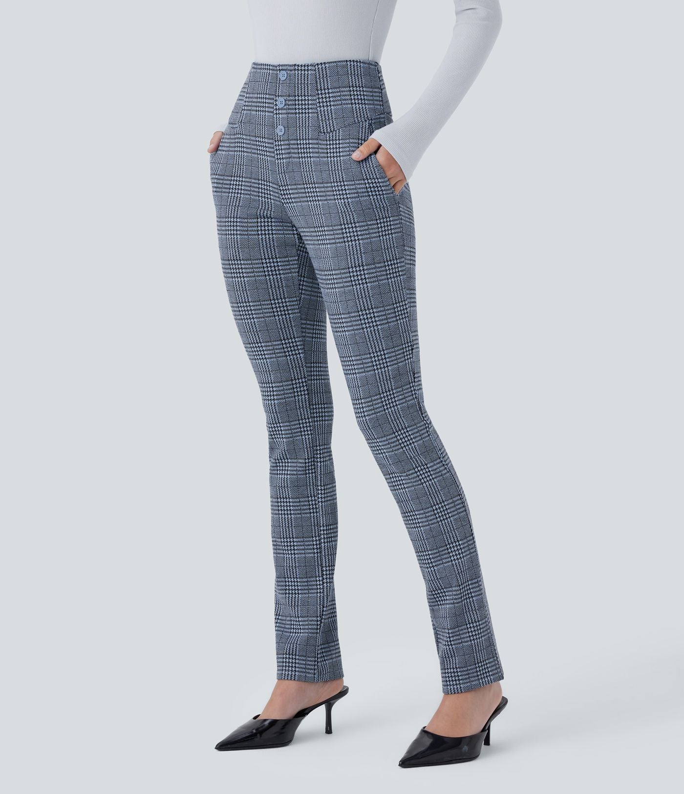 Halara Flex™ Pantalon tailleur Cintrés à Taille Haute avec Boutons Décoratifs Poches Latérales et Imprimé Pied-de-Poule