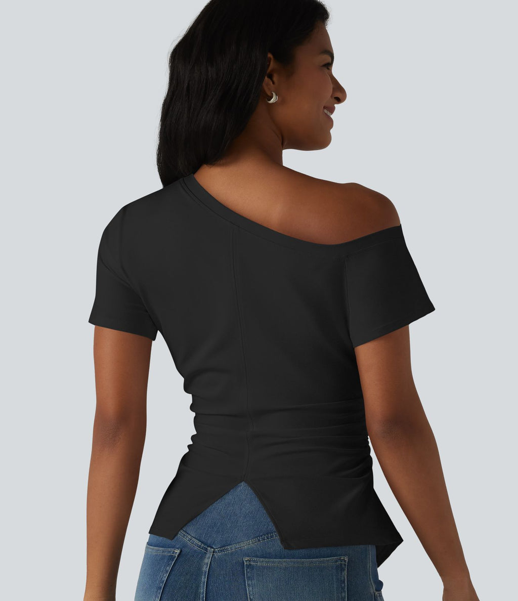T-shirt SoftlyZero™ Airy asymétrique épaule dénudée froncé avec fente, brassière intégrée et effet frais InstantCool