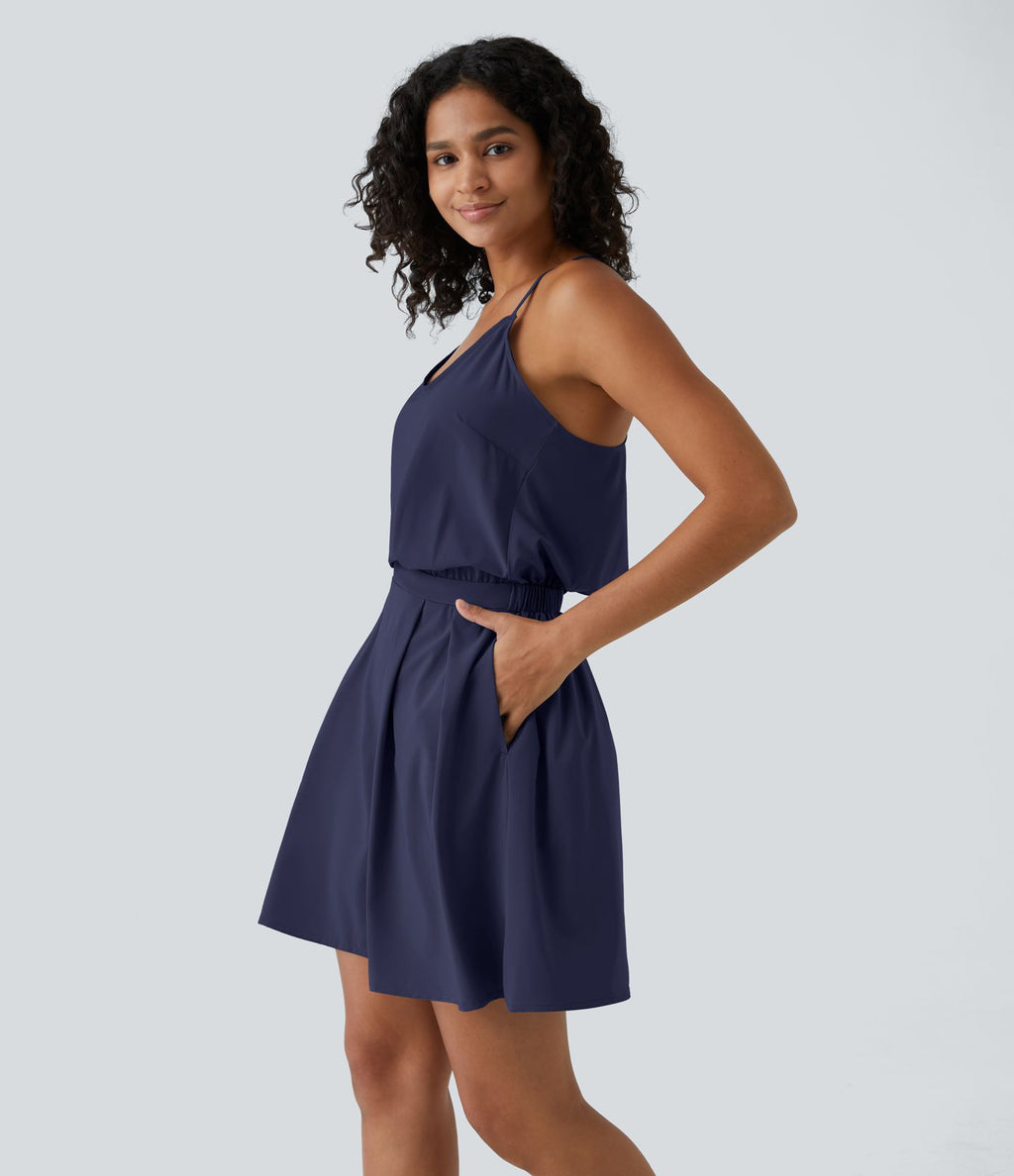Breezeful™ Robe Casual Plissée à Bretelles Réglables Mini Dos Nu Découpée Poche Latérale Séchage Rapide