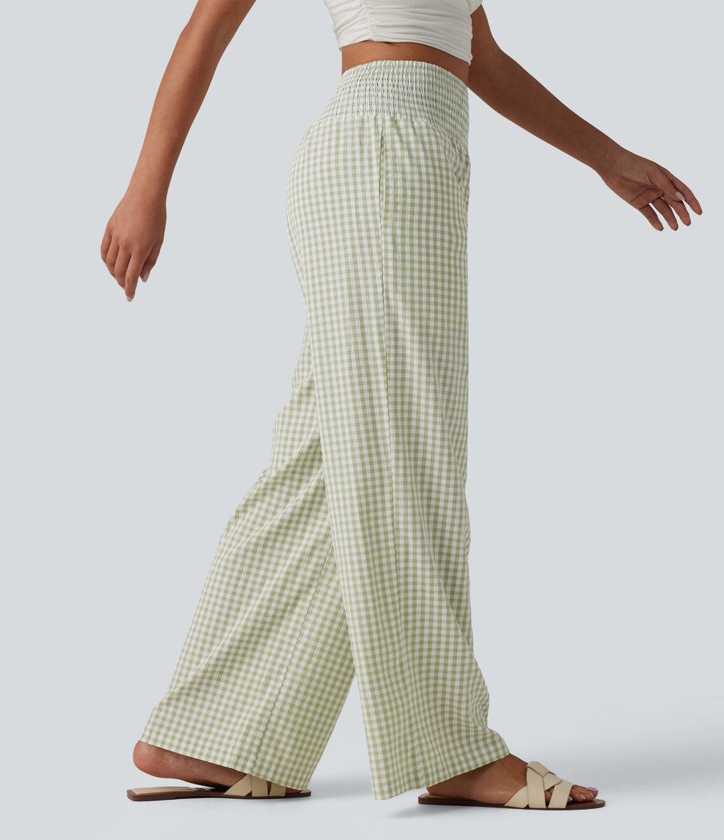 Pantalon large casual taille haute froncé à carreaux vichy avec poches