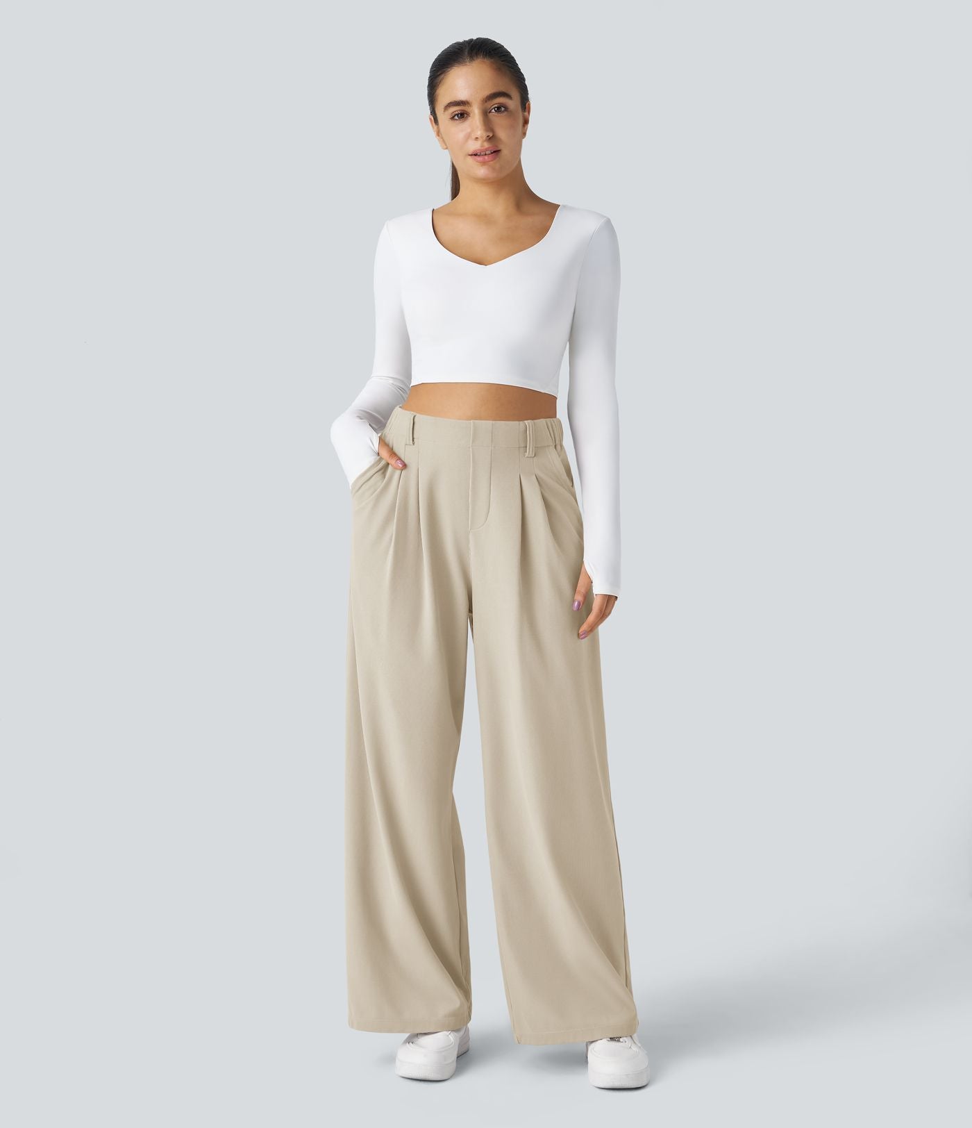 Pantalon Tailleur Large Fluide Halara Flex™ Gaufré Taille Haute Poches Latérales