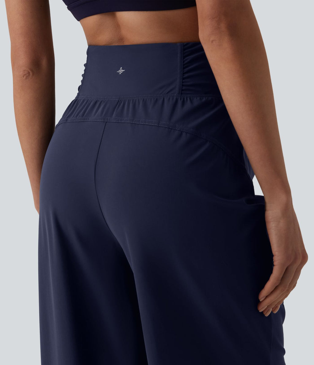 Pantalon running coupe droite taille haute à cordon de serrage et fronces séchage rapide avec poches