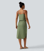 Robe nuisette midi casual à ourlet courbé fendu et cordon de serrage