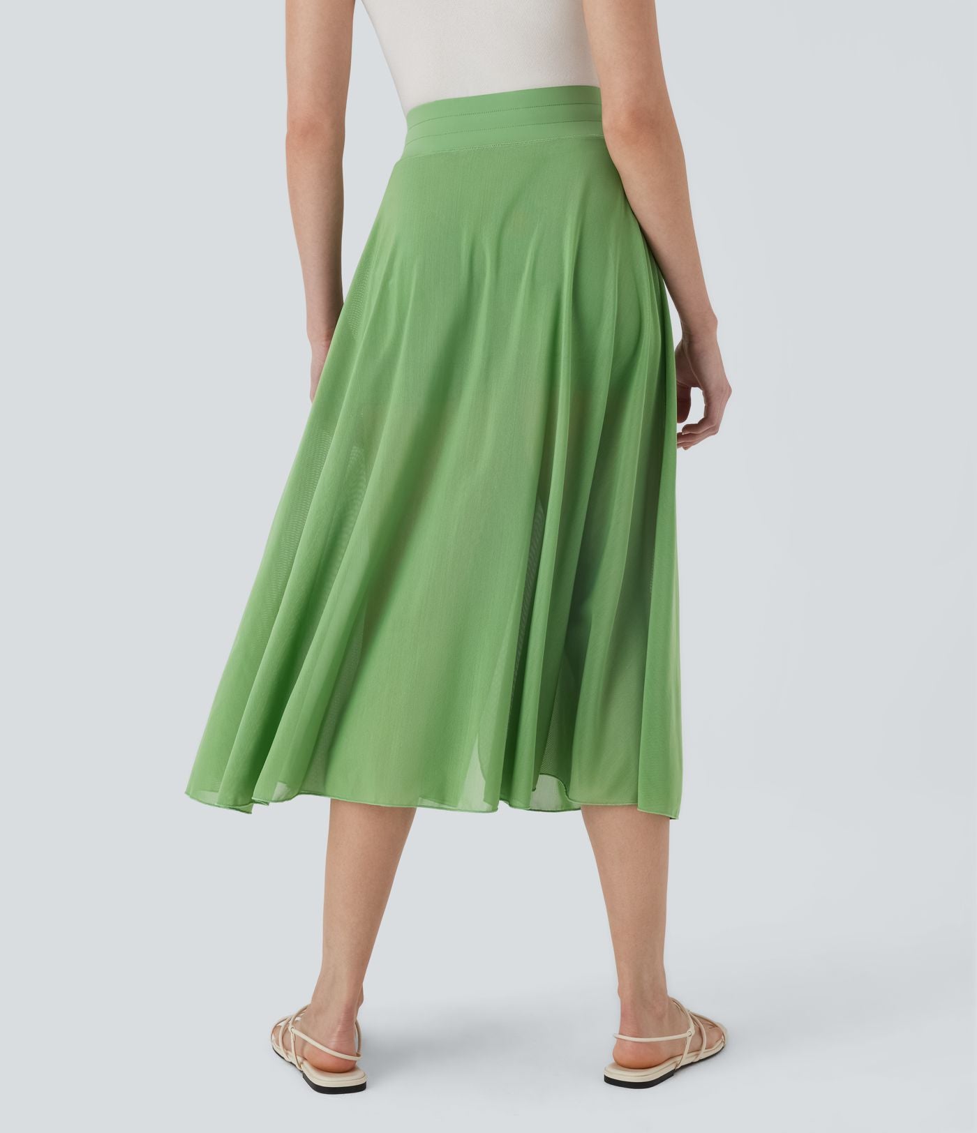 Jupe Casual Évasée Mesh Mi-Longue Fuide 2 en 1 Contrastée Taille Haute Cordon Poche Latérale