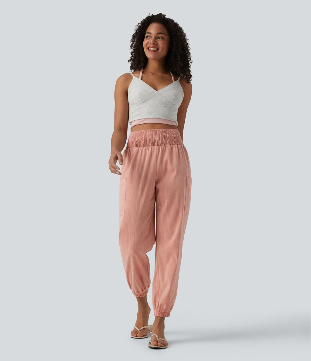 Jogging fuselé décontracté aspect lin froncé taille haute avec poches