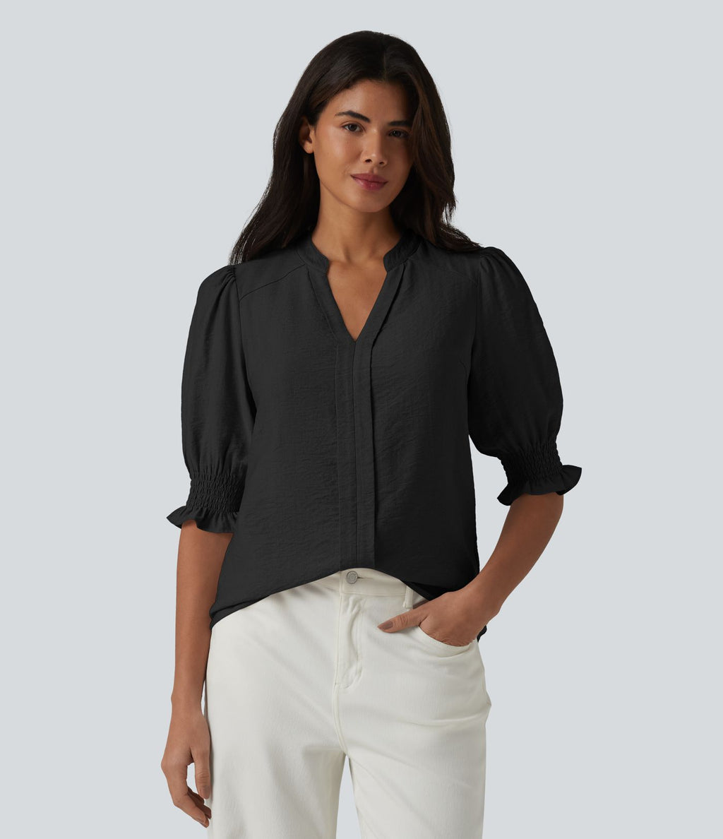 Blouse décontractée à col en V et manches courtes bouffantes