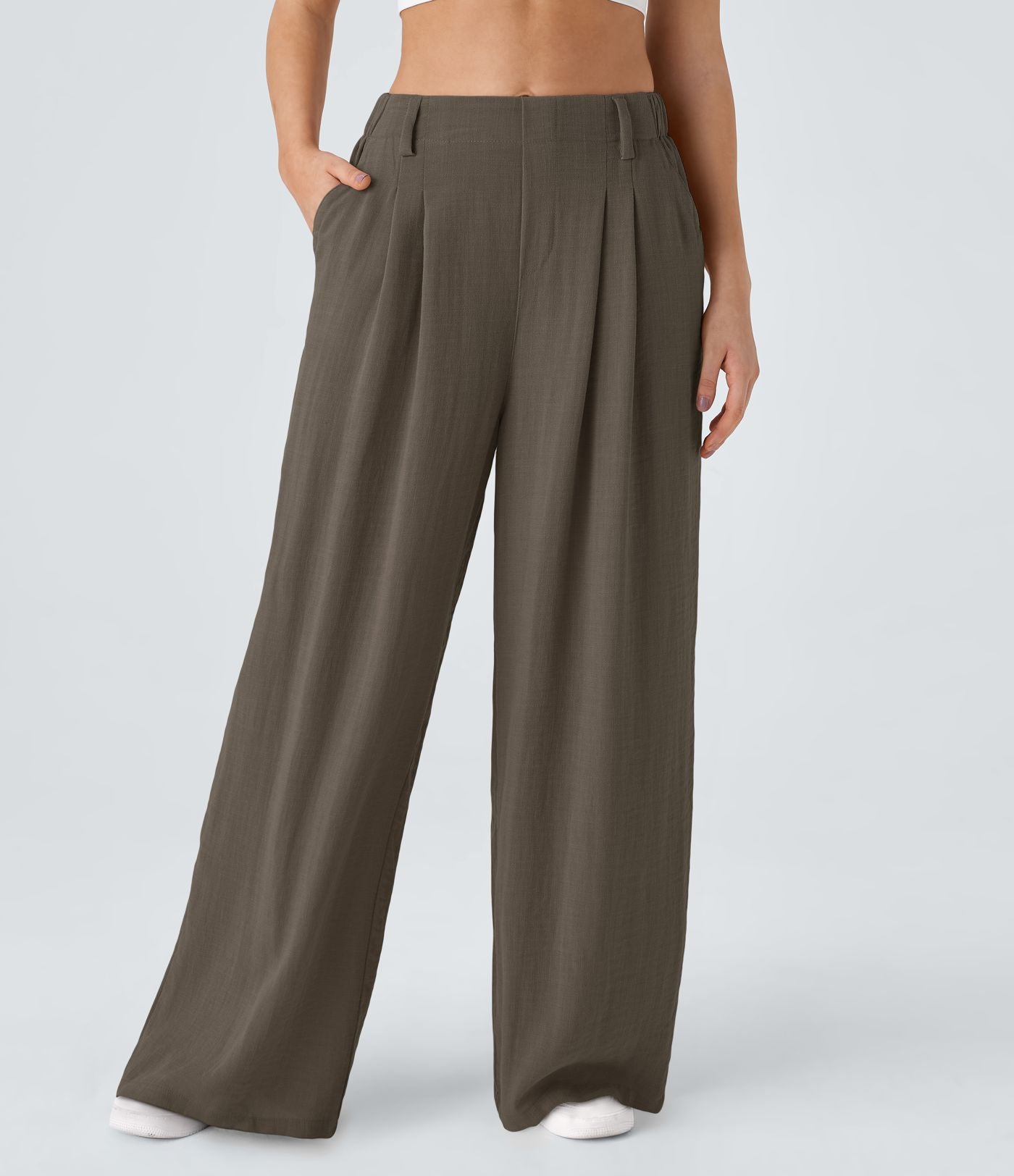 Pantalon Fluide Large Taille Haute Poches Latérales Palazzo Solide Casual Linen-Feel