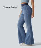 Jean évasé décontracté Halara Flex™ double ceinture gainant taille haute avec poches