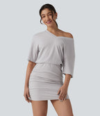 Robe mini moulante décontractée en maille côtelée, col V, manches courtes, froncée