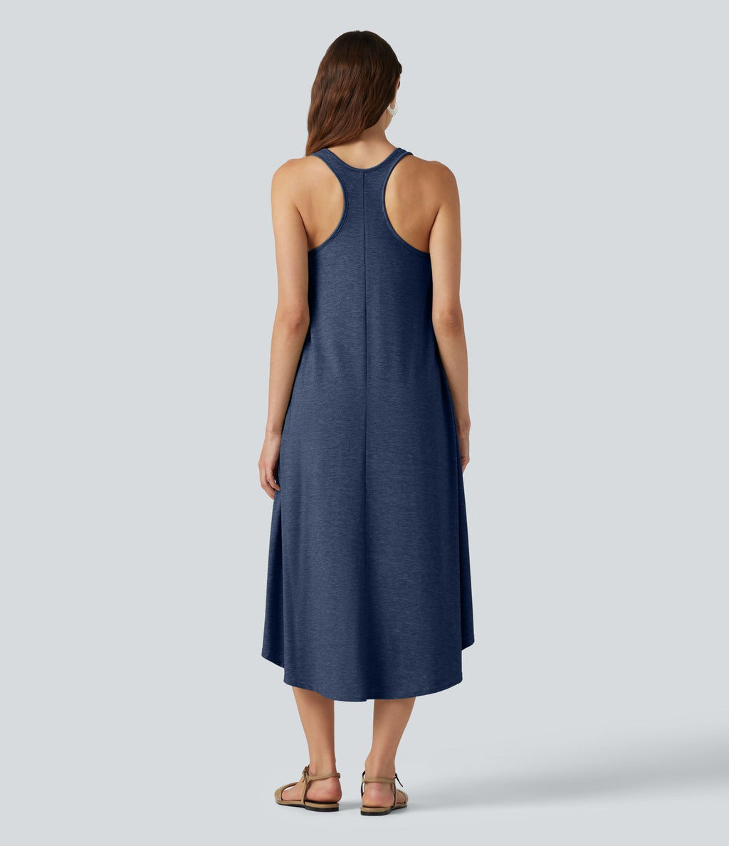 Robe midi fluide à dos nageur, soutien-gorge intégré, ourlet asymétrique et poches