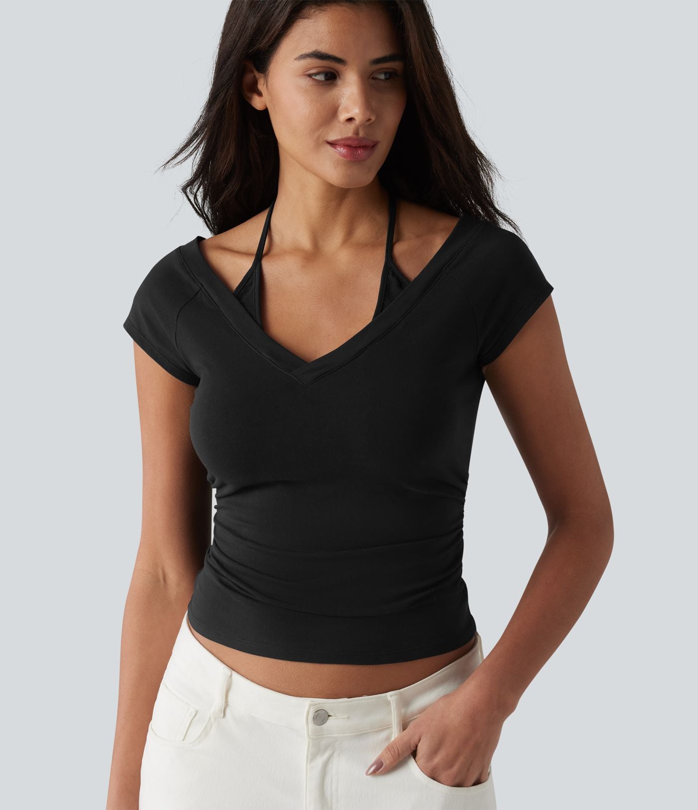 Halara T-shirt casual 2 en 1 en jersey de coton manches courtes dos noué froncé
