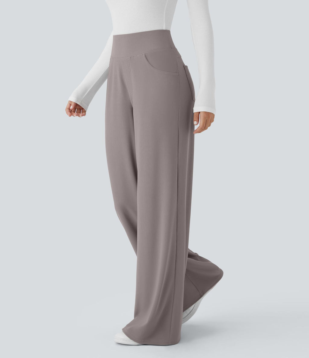 Pantalon tailleur large gainant taille haute en micro-gaufré avec poches Halara Flex™