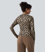 Top casual ajusté col rond manches longues imprimé léopard