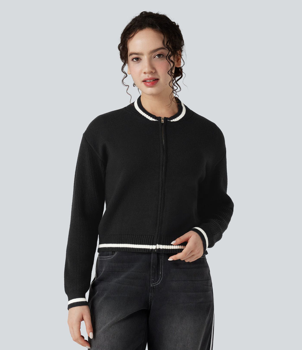Cardigan color block col rond manches longues