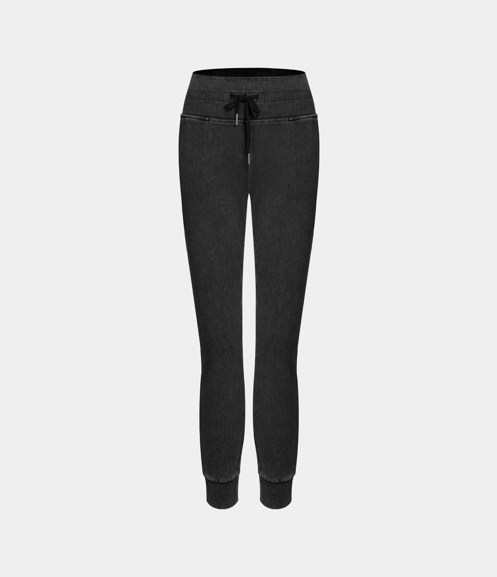 Halara Flex™ Jean Casual Taille Haute avec Cordon de Serrage et Poches Latérales en Tricot Extensible Lavé
