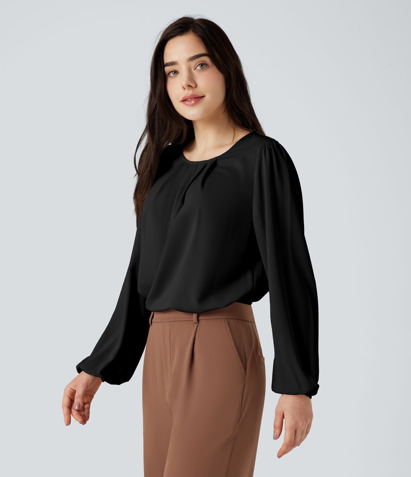 Blouse tailleur décontractée col rond dos keyhole manches bouffantes ourlet arrondi