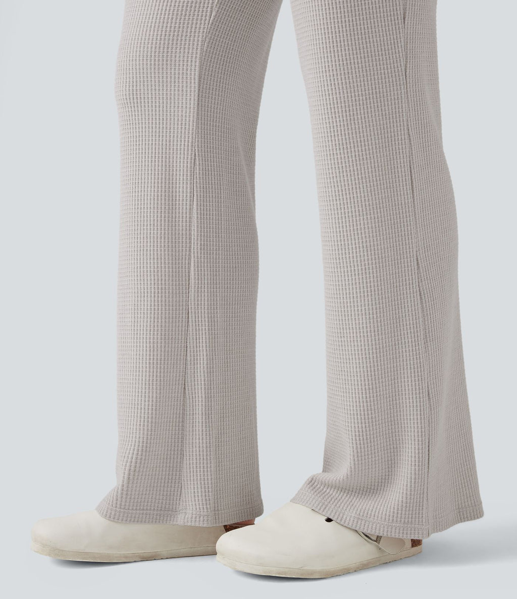 Pantalon décontracté évasé maille gaufrée taille haute avec poches