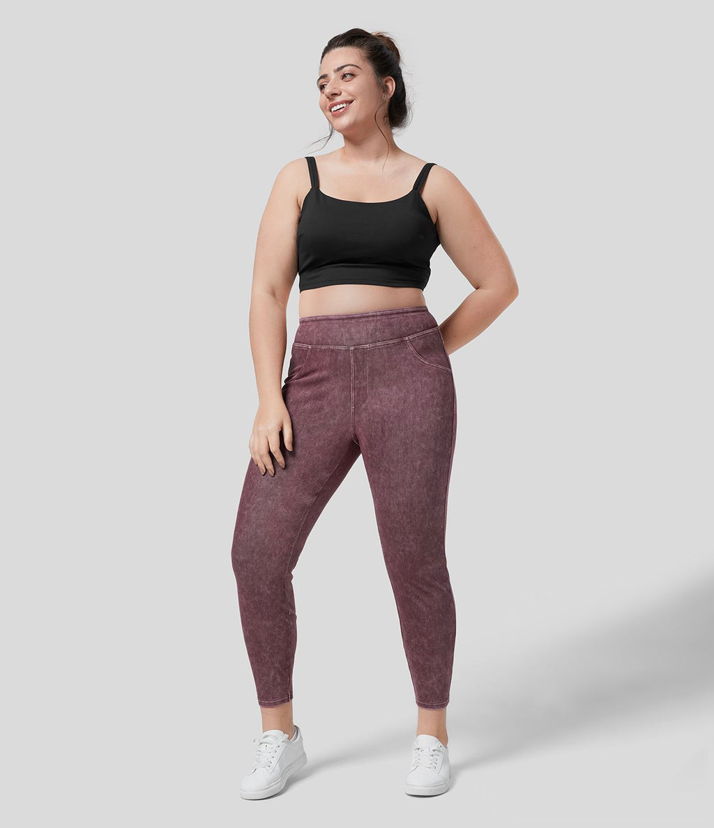 Halara Flex™ Legging Casual 7/8 Grande Taille en Denim Tricot Extensible Coloré à Taille Haute avec Poches Latérales Arrière